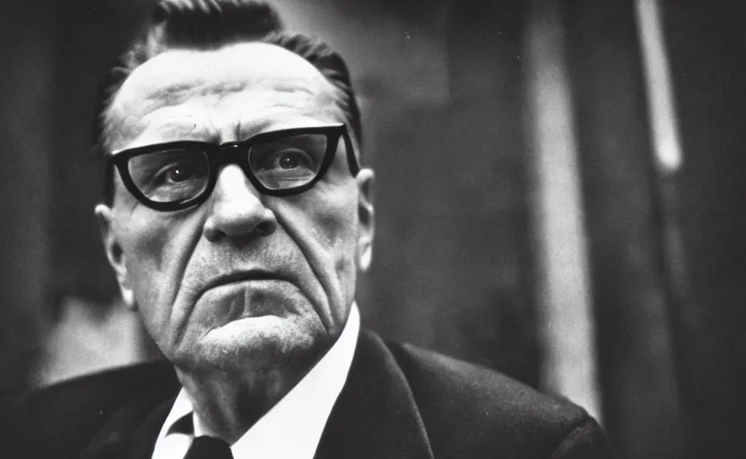 Prompt: 50s movie still full-lenght portrait of Josip Broz Tito, by Alexei Guerman , Cinestill 800t 35mm black and white, heavy grainy picture, very detailed, high quality, 4k, HD criterion, precise texture