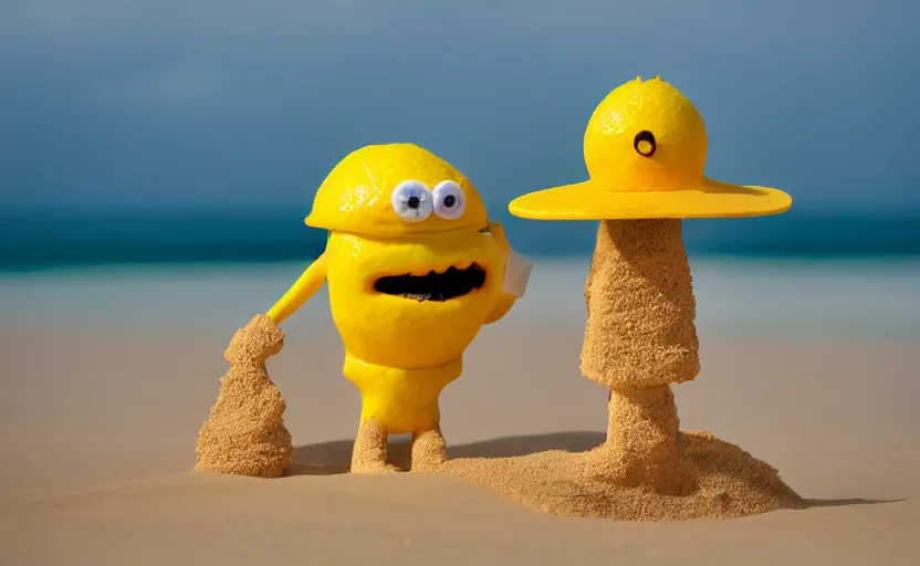 Prompt: 5 0 mm photograph, of a real anthropomorphic lemon character, unique style, with lemon skin texture, it is wearing a hat and scuba diving, building a sandcastle on the beach at sunset, beach, huge waves, sun, clouds, tropical trees, rim light, cinematic photography, professional, sand, sandcastle, volumetric lightening