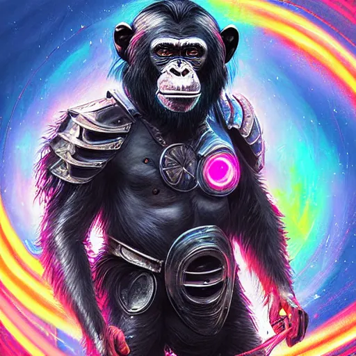 Image similar to portrait of a noble chimpanzee as a paladin in full shining armor with huge beautiful glowing eyes, digital painting, intricate detail, vivid color, neon color, artwork by chris mars + fintan magee + ross tran