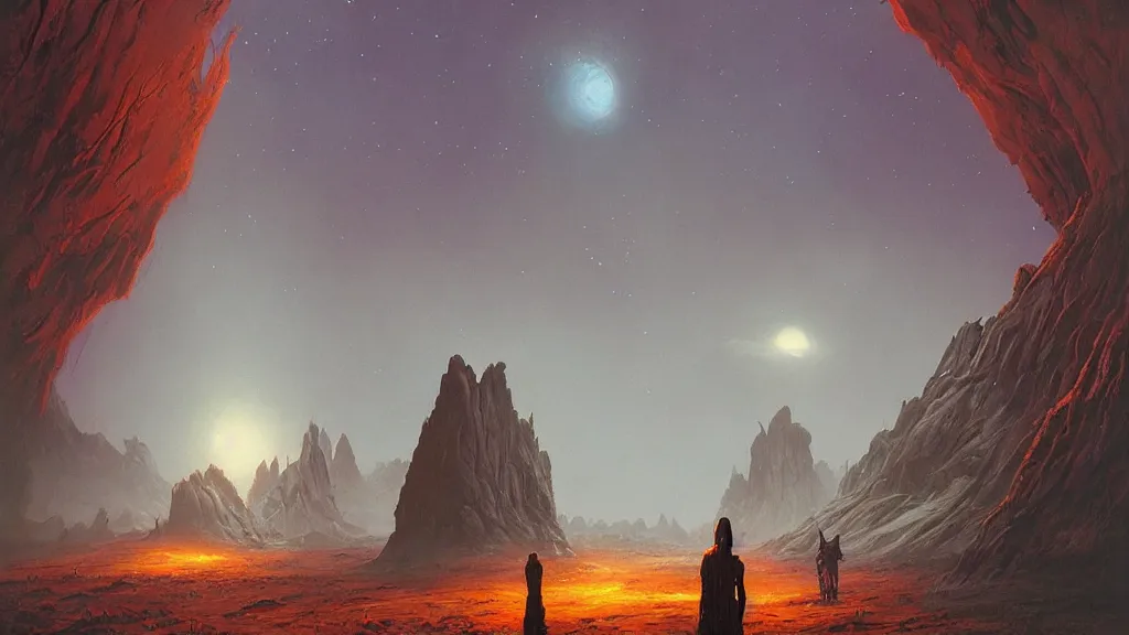 Image similar to eerie atmospheric alien planet by les edwards and vincent di fate and anato finnstark, epic cinematic matte painting