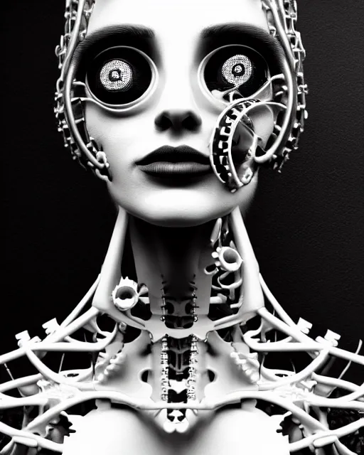 Image similar to black and white dreamy foggy profile face portrait, one steampunk eye biomechanical beautiful young female cyclope - cyborg - robot bust, body ribs meshes,, volumetric light, hibiscus flowers, by hg giger, rim light, by dora maar and cecile beaton, big gothic fashion pearl embroidered collar, 8 k