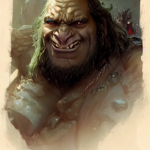 Image similar to a friendly orc taylor, close - up portrait, fantasy character portrait by greg rutkowski, gaston bussiere, larry elmore