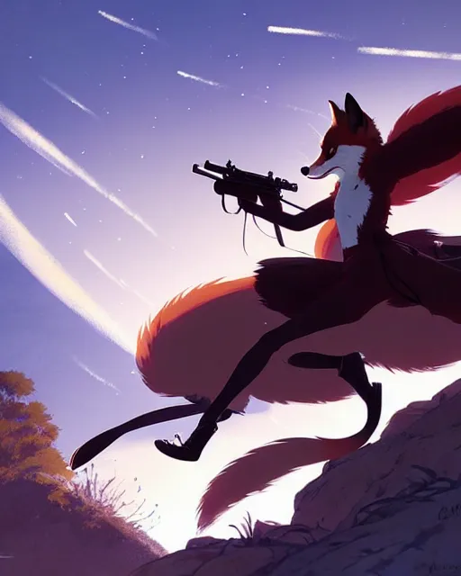 Image similar to a beautiful, dynamic illustration of an anthropomorphic fox - woman running while firing her winchester rifle, wild west theme, studio muti, greg rutkowski makoto shinkai takashi takeuch studio ghibli