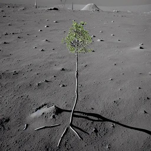 Prompt: a NASA photo of a single tree growing on the moon