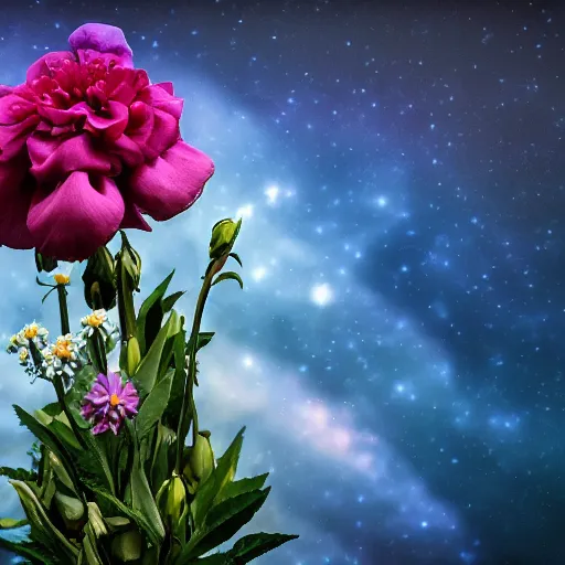 Image similar to a portrait of a man with flowers in the beard, roses peonies forget-me-nots dahlias lupins gladioli, sky theme in background, 35mm Photograph, 4K Resolution, Astrophotography, Digital Art, Trending on artstation