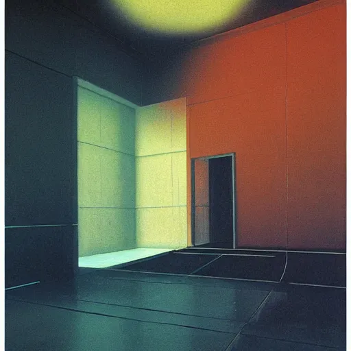 Prompt: painting of a syd mead scifi ancient civilzation empty room, rainbow sun, beksinski