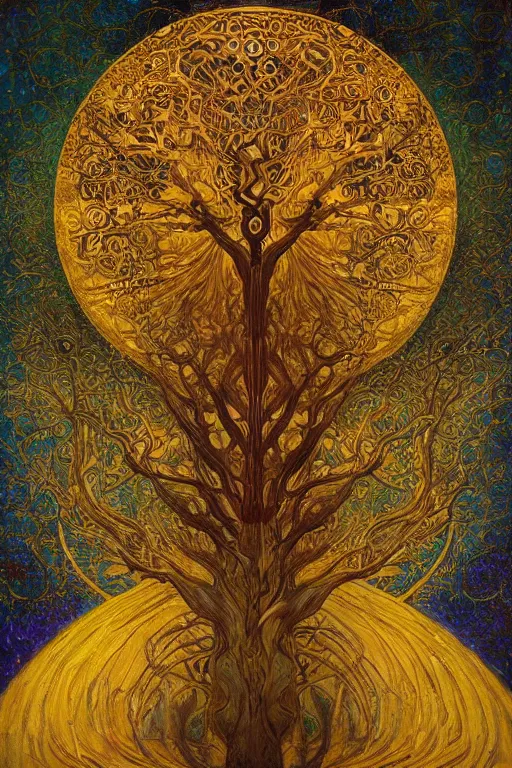 Image similar to Tree of Life by Karol Bak, Jean Deville, Gustav Klimt, and Vincent Van Gogh, mysterious portrait of sacred geometry, Surreality, radiant halo, otherworldly, enigma, fractal structures, celestial, arcane, ornate gilded medieval icon, third eye, spirals