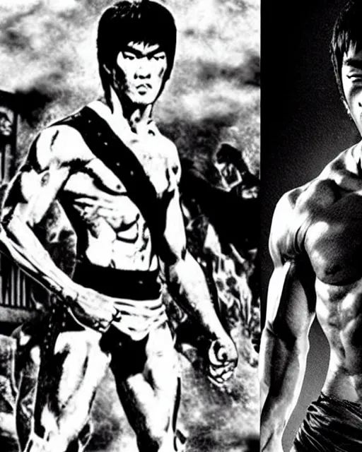 Image similar to bruce lee as kenshiro in live action fist of northstar movie, hyperreal, post apocalyptic, mutants, martial arts, cinematic