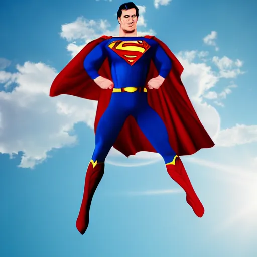 Image similar to superman floating in front of the sun, facing the camera, 4 k, highly detailed, extreme zoom