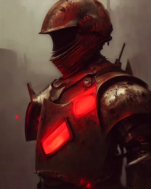 Prompt: Hyper realistic painting of a knight in full plate armor that has completely rusted, cracks in the armor, hyper detailed, red light shining from behind, moody, creepy, cinematic lighting, by greg rutkowski, trending on artstation