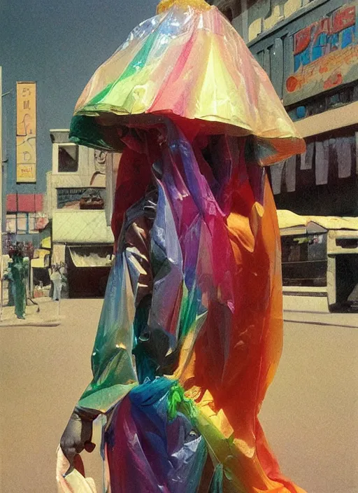 Image similar to colorful rainbow woman in a translucent clothing made from plastic bag with paper bags for clothes standing inside paper bags with paper bag over the head at store display, highly detailed, artstation, art by paul lehr, edward hopper, zdislav beksinski, wayne barlowe