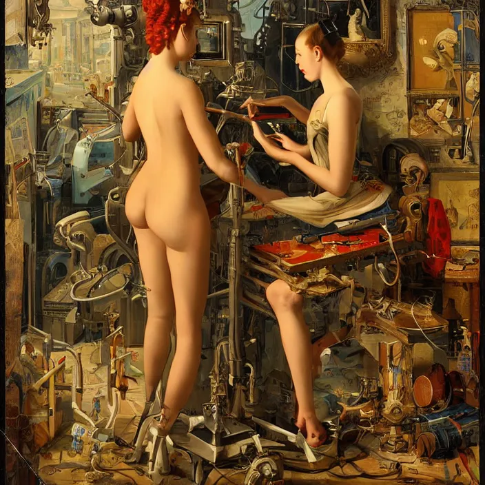 Prompt: robot artist painting a self - portrait on a canvas. intricate, highly detailed, digital matte painting, in the style of alexandros pyromallis, and in the style of hans thoma, and in the style of gil elvgren. irony, recursion, inspiration.