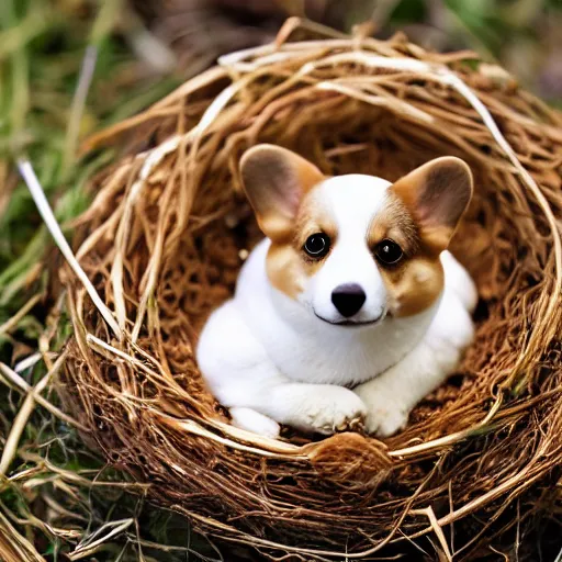 Prompt: a baby corgi emerging from an egg in a nest, photography, photorealistic