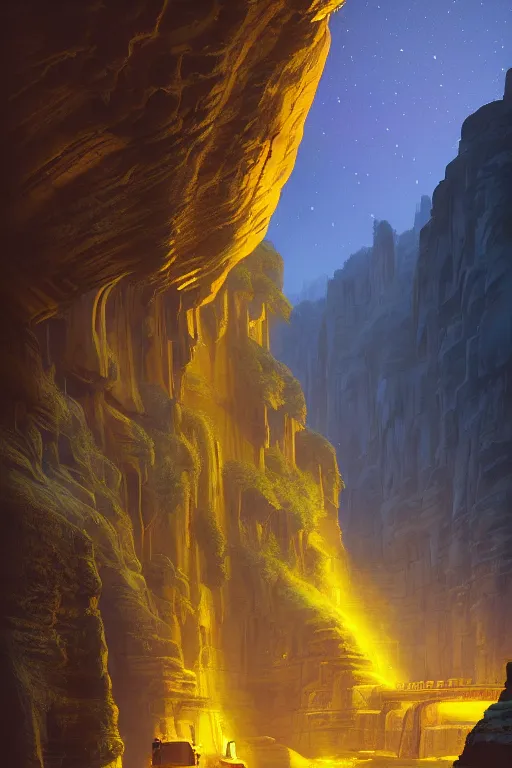 Image similar to ancient temple glowing yellow in a canyon, light streaks in night sky full of stars, dramatic lighting, artstation, matte painting, ralph mcquarrie, simon stalenhag