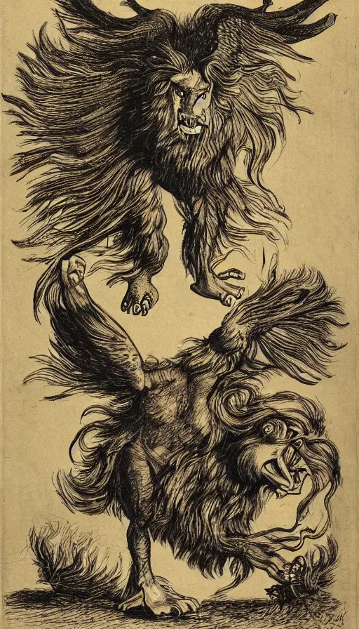 Image similar to a creature with the body and eyes of a man, with the beak of an eagle, the mane of a lion, and the horns of an ox. drawn by francis bacon