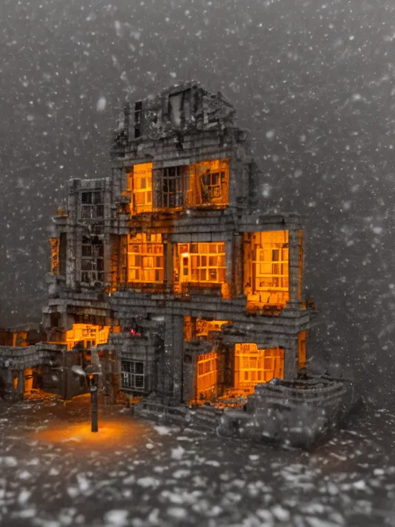 Image similar to mega detailed miniature voxel diorama abandoned labolatory, cold war era, brutalism architecture, suburban, hard lights are on in the windows, dark night, fog, winter, blizzard, uncozy and dark atmosphere, row of street lamps with cold orange light, several ruins nearby, 1 9 6 0