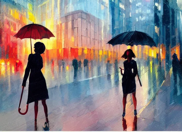 Image similar to evening city scene with young woman with umbrella raised slightly. beautiful use of light and shadow to create a sense of depth and movement. using energetic brushwork and a limited color palette, providing a distinctive look and expressive quality in a rhythmic composition