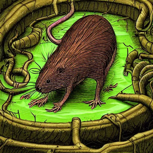 Image similar to eldritch abomination rat in a toxic sewer with a river of green waste art by greg rutowski