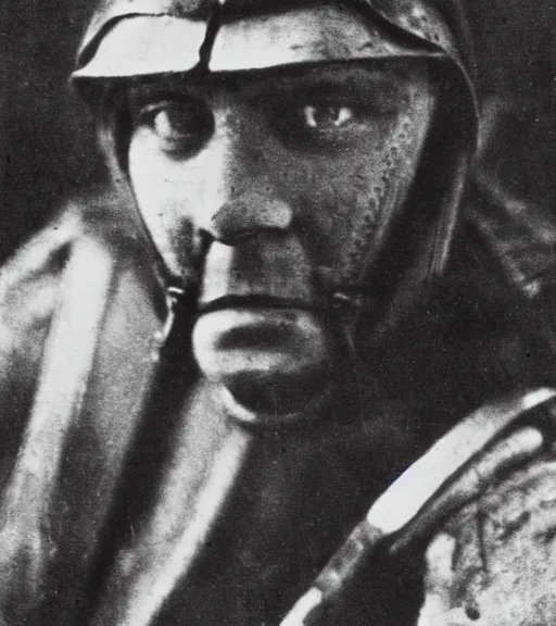 Image similar to a man at wearing iron mask in distance, ww1 film photo, grainy, high detail, high resolution