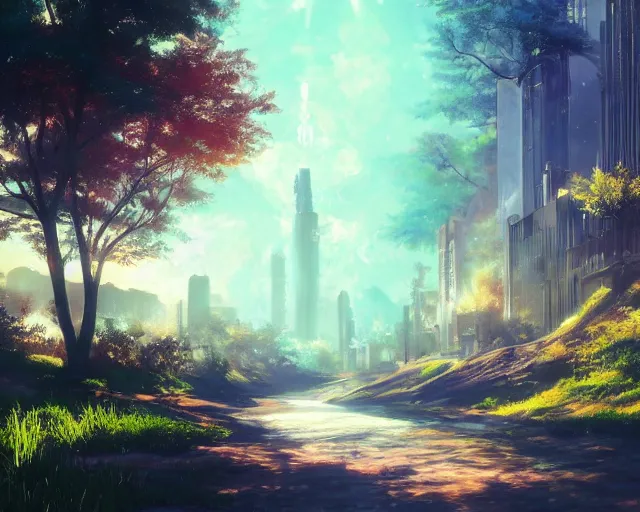 Image similar to scenery artwork, scene beautiful, light!! light essential montreal world montreal and nature vegetation with daylight, surrealism oil on canvas, artstation!! pixiv!! dream scenery, quality astral projection render, nier automata concept art, vaporwave textures