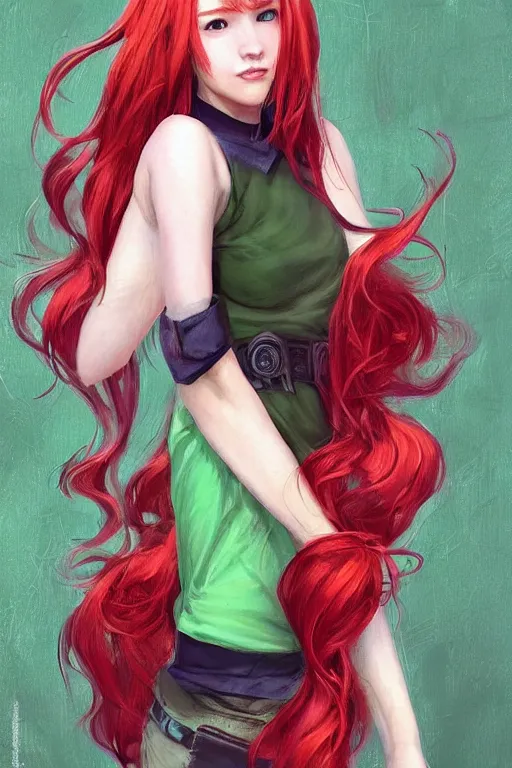 Image similar to beautiful cute red haired joyful and playful nineteen year old maiden standing up in casual green clothing, long hair, attractive face, modern city, comic book, rpg character, sci - fi, intricate, elegant, digital painting, artstation, concept art, smooth, 8 k frostbite 3 engine, ultra detailed, art by artgerm, greg rutkowski, magali villeneuve