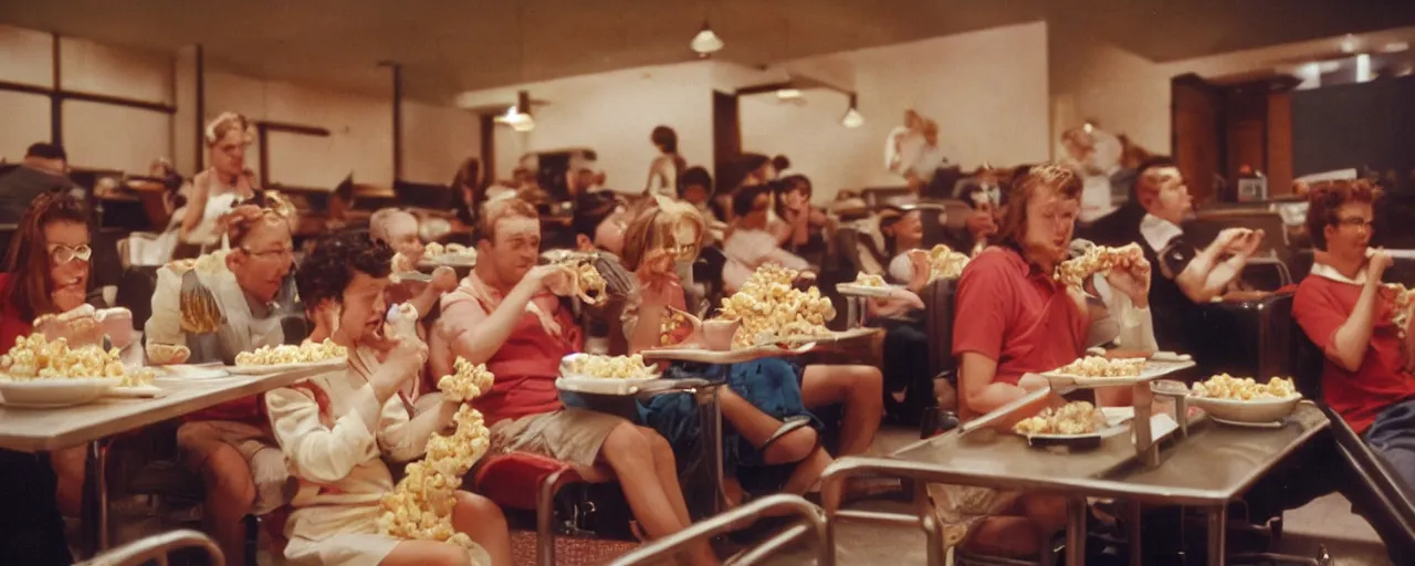 Prompt: people at the movies eating spaghetti out of a popcorn container, kodachrome, in the style of wes anderson, retro