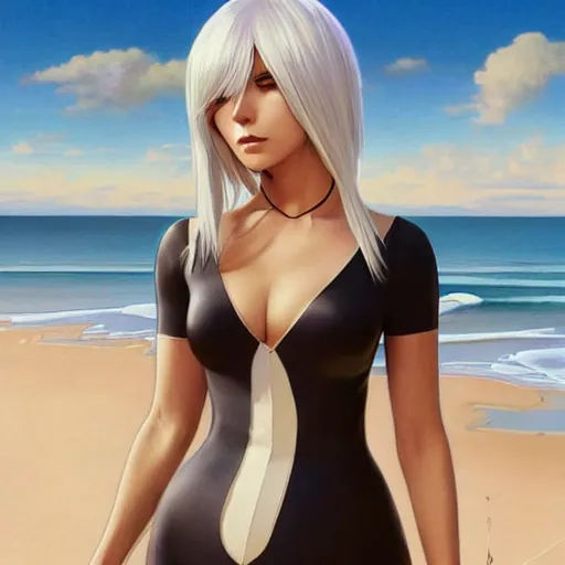 Image similar to full body portrait of 2 b nier automata wearing a skintight dress in a beach, large thighs, perfect face, intricate, elegant, highly detailed, digital painting, artstation, smooth, sharp focus, illustration, art by artgerm and greg rutkowski and alphonse mucha, 8 k