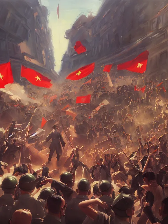 Prompt: classical oil painting of anime key visual environment concept art of a fascist regime rally 1 9 4 5, alternate universe matriarchy, nationalism, red flags, dictator, trending on artstation, brush strokes, oil, canvas, style of kawacy makoto shinkai jamie wyeth james gilleard edward hopper greg rutkowski, preserved historical