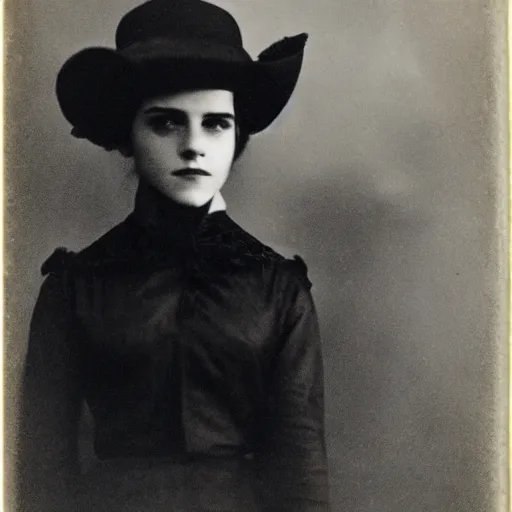 Prompt: emma watson early 20th century ganster with bowler hat Daguerreotype photography by Louis Daguerre