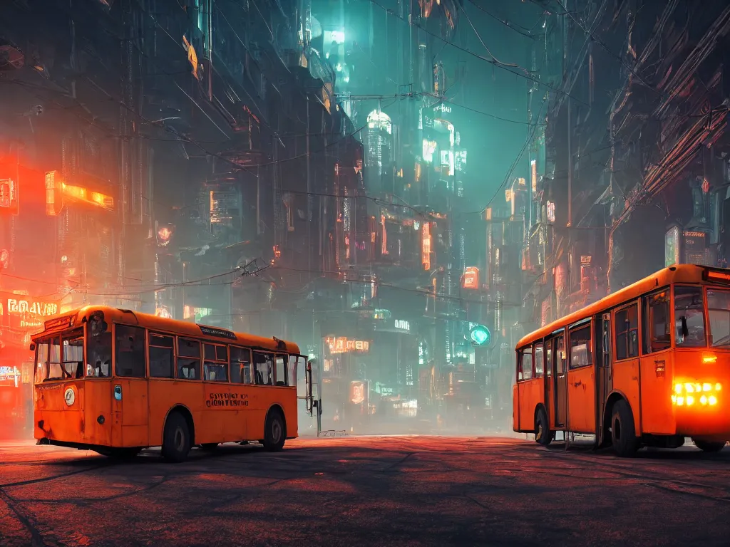 Image similar to an old shabby orange trolleybus stands at a stop on the other planet, headlights shine with neon light, in the background in the distance the earth, atmospheric, futuristic, cyberpunk, ray tracing global illumination, 8 k resolution, ultra detailed