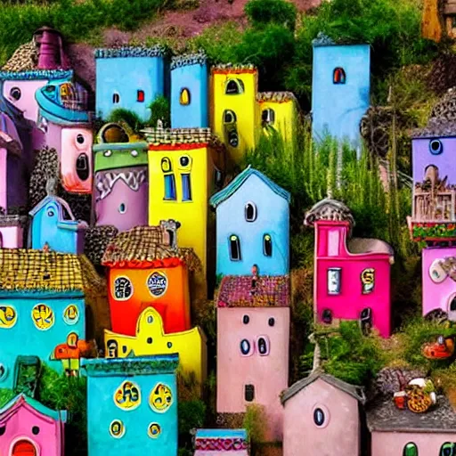 Image similar to a phantasy village with colorful buildings designed by Tim Burton