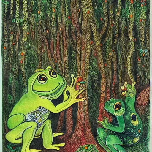 Image similar to a green frog-like genie ready to grant wishes deep in the forest, fantasy illustration, Louis wain