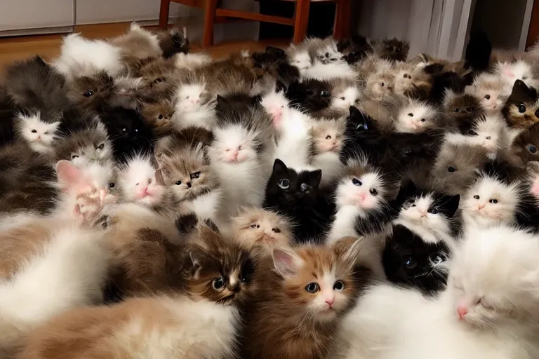 Image similar to a living room full of cute kittens that are all sitting and all of the kittens are facing directly at the camera and all of the cats are looking directly into the camera