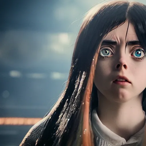 Image similar to Billie Eilish as Alita in Alita:Battle Angel, Film Still, 35mm dramatic lighting, cinematic, deep focus, styleframe,