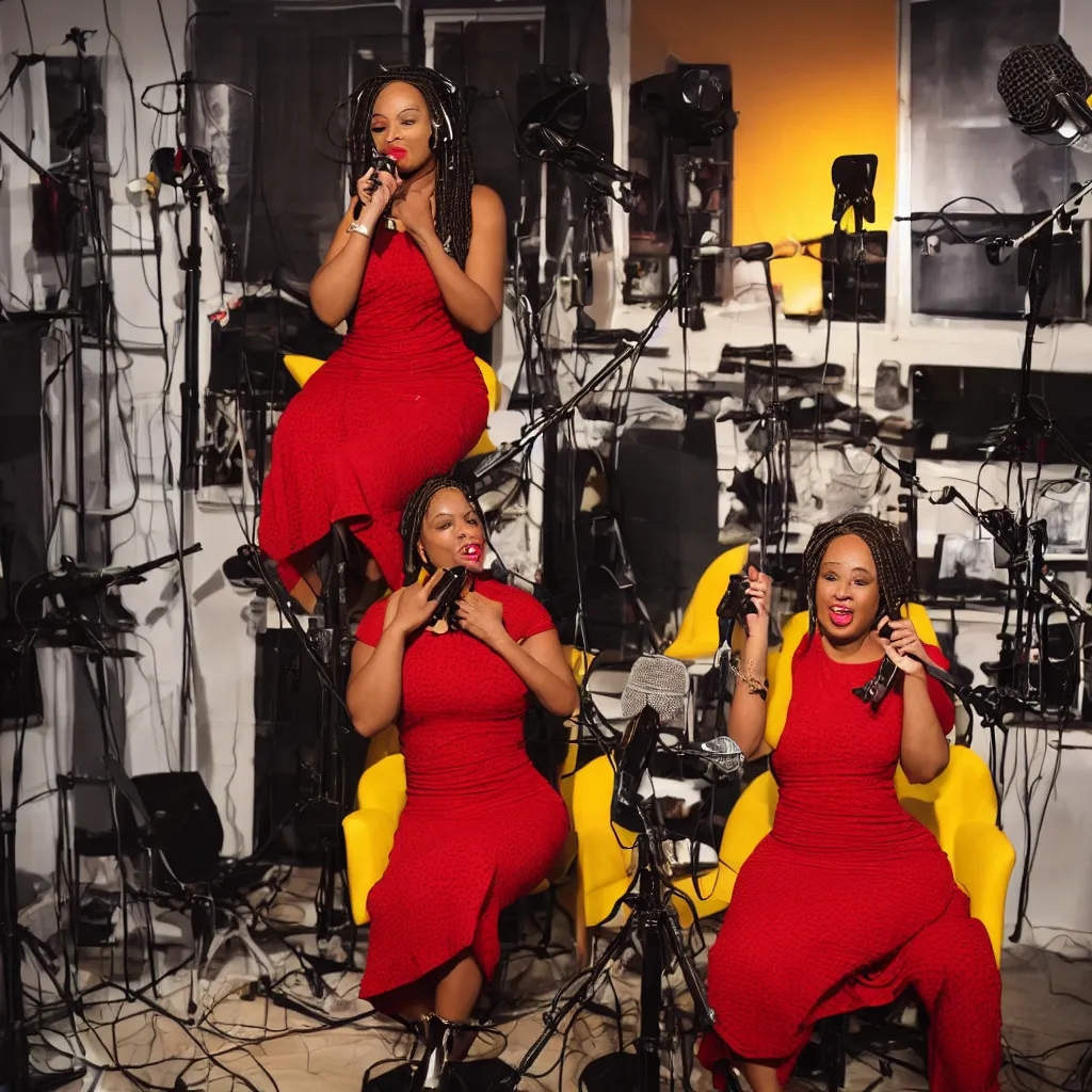 Prompt: a light-skinned black woman wearing cornrows sings into a microphone in a studio. She is wearing a red dress, sitting on a stool, and 4 or 5 yellow lamps are hanging around her. In the style of Bijou Karman