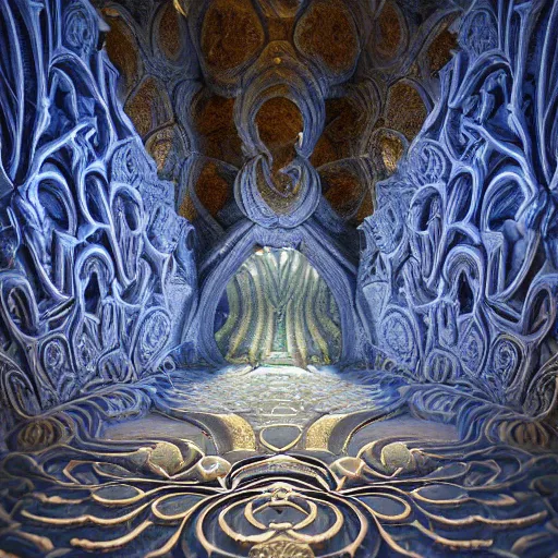 Prompt: a beautiful 3 d painting of a huge sprawling fractal cathedral interior populated by mandelbrot fractals by android jones, unreal engine, carved stone, carved soap, white color scheme, volumetric lighting, octane render, dramatic lighting, glowing, carved marble, opalescent, sacred geometry, religious, angelic, catholicpunk, stark, trending on artstation