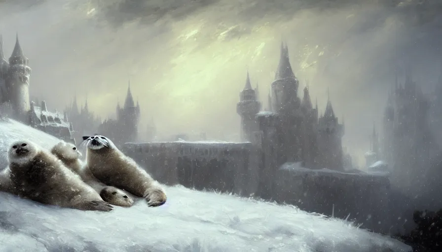 Image similar to highly detailed painting of cute furry white baby seals cuddled up in a cardboard box in a snowy cloudy sky castle by william turner, by greg rutkowski, by william constable, by greg tocchini, thick brush strokes and visible paint layers, 4 k resolution, retrowave colour scheme