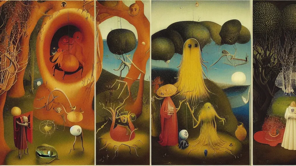 Prompt: a beautiful digital single panel painting digital render of a landscape with strange weird creatures. remedios varo. hieronymus bosch. chiho aoshima. johfra bosschart