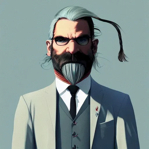 Image similar to serious Bison in pinstripe suit, NY style, pastel blue, very long hair bison, muted colors, matte print, pastel colors, ornate, digital art, digital painting, fan art, elegant, artstation, head is centered, by Ilya Kuvshinov