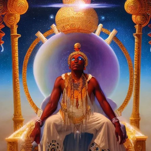 Image similar to obatala the cosmic god sitting on a throne of nebula clouds, by Adi granov and thomas blackshear and afarin sajedi, matte painting, orisha, 8k, hd