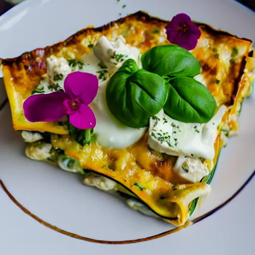 Image similar to zucchini lasagna filled with ground chicken, ras el hanut creme fraiche, topped with camembert cheese and edible flowers, michelin starred restaurant, food photography