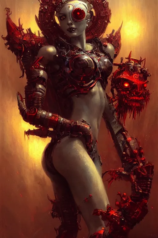 Prompt: attractive i robot demon queen with crown and red eyes, painting by gaston bussiere, craig mullins, luis rollo, torso portrait, digital painting, highly detailed, artstation, sharp focus, illustration, concept art, hd