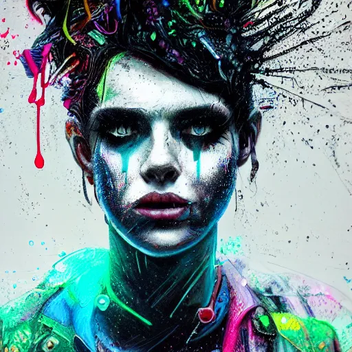 Image similar to splashes of neon, punk portrait made out of paint with rain in the background, trending on artstation, epic composition, emotional, beautiful, rendered in octane, highly detailed, realistic, tim burton comic book art, sharp focus, detailed eyes