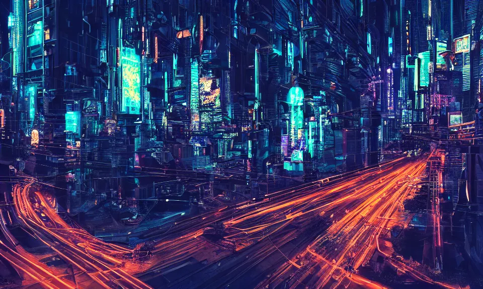 Prompt: photo of a cyberpunk city at night, long exposure photograph, light streaks, lens flare, 4k, grainy