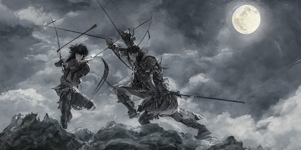 Image similar to korean archer shooting a dragon. the moon is in the sky. there is a river. dark fantasy. high resolution. detailed. digital art. dark fantasy. kentaro miura.