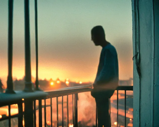 Image similar to lomo photo of pair standing on small hrushevka balcony full with cigarette smoke in small russian town looking at sunset, cinestill, bokeh