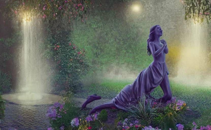 Image similar to The kneeling statue of a woman in a beautiful garden, next to a fountain and a mystical palace, and all this in a foggy and mysterious atmosphere.Fantasy and concept art, colorful digital painting.