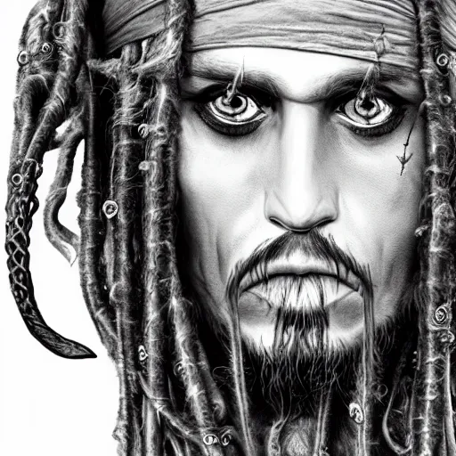 Image similar to a hyperrealistic illustration of Captain Jack Sparrow as Davy Jones, Davy Jones with Tentacles, Face hybrid of Davy Jones and Jack Sparrow, symmetrical face