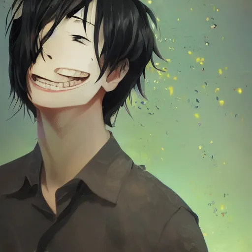 Prompt: An anime portrait of a smiling man with very short black hair, brown eyes with green speckles, stubble, wearing a shirt, medium shot, whole head, by Stanley Artgerm Lau, WLOP, Rossdraws, James Jean, Andrei Riabovitchev, Marc Simonetti, and Sakimi chan, trending on artstation