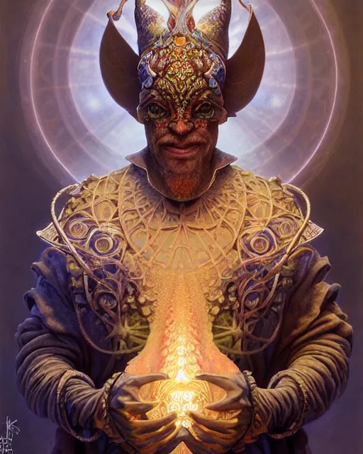 Image similar to front shot of a court jester character, hyperdimensional, bioluminescent, ((intricate)), elegant, highly detailed, centered, (((artstation, concept art, smooth, sharp focus, artgerm, Tomasz Alen Kopera, Peter Mohrbacher, donato giancola, Joseph Christian Leyendecker, WLOP, Boris Vallejo))), mugshot!!!!!, ugly!!!!!!, octane render, nvidia raytracing demo, grainy, muted